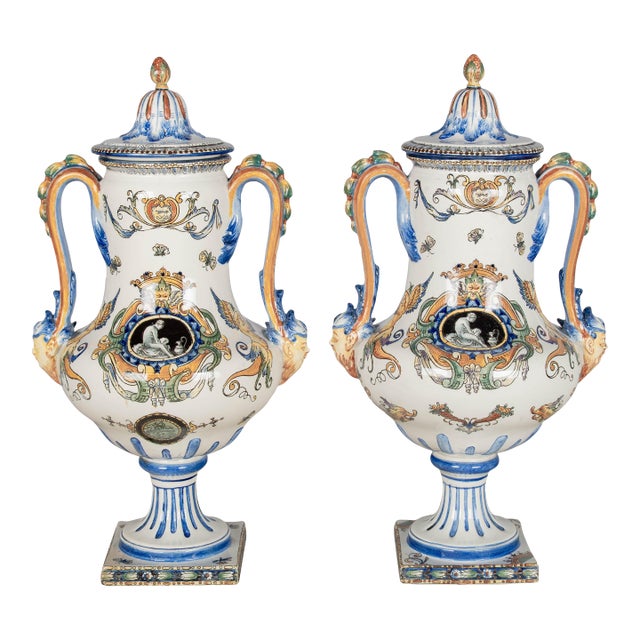 Pair of 19th Century French Gien Faience Urns For Sale