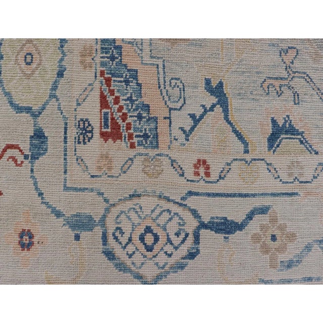Textile Modern Oushak Turkish Rug With All Over Design in Light Blue Ivory & Red For Sale - Image 7 of 12