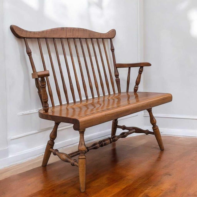 Vintage Wooden Bench – Spindle Back Bench, Classic Farmhouse Style, Elegant Seating, Rustic Home Furniture For Sale - Image 9 of 17