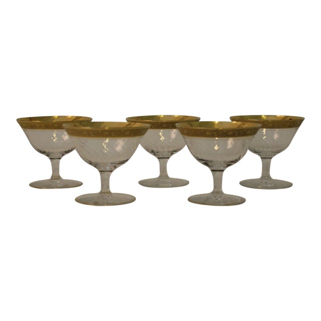 Vintage Tiffin Minton Clear Optic Gold Trim Glass Footed Dessert Cups- Set of 5 For Sale