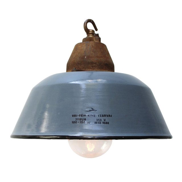 Vintage Industrial Pendant Light in Grey Enamel, Cast Iron and Clear Glass For Sale - Image 5 of 5