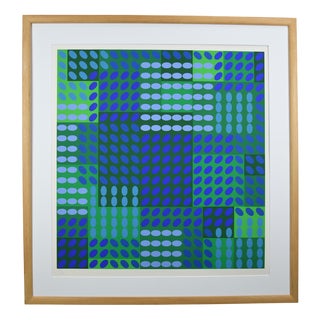 Victor Vasarely, Op Art Composition in Blue and Green, 1970, Lithograph, Framed For Sale