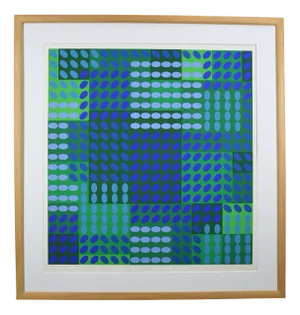 Victor Vasarely, Op Art Composition in Blue and Green, 1970, Lithograph, Framed