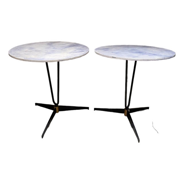 Mid Century Modern Tripod Side Tables Goatskin French Inspired Blue For Sale