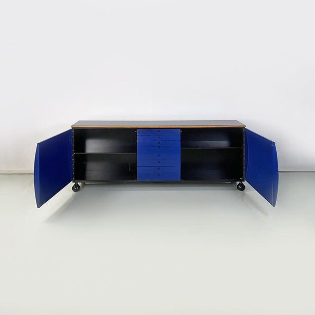 Modern Italian Blue Black Wood Sideboard attributed to Umberto Asnago for Giorgetti, 1982 For Sale - Image 9 of 18