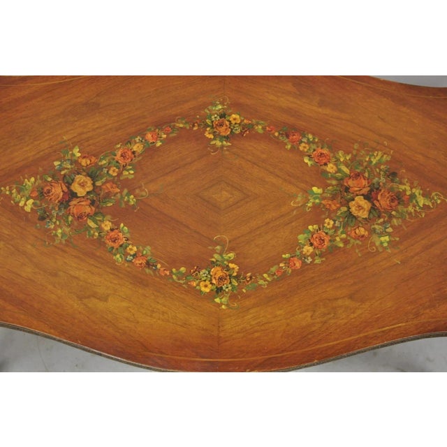 Vintage French Louis XV Style Walnut Coffee Table With Hand Painted Floral Top For Sale - Image 4 of 12