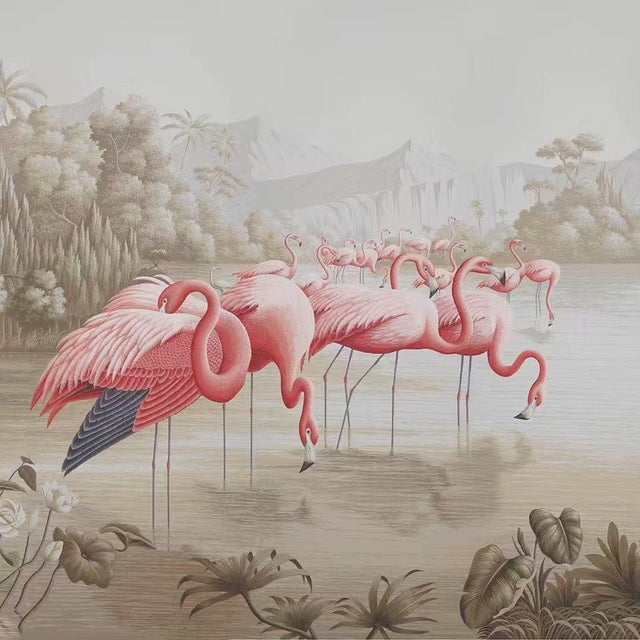 1: Commodity: Neoclassical Hand-Painted Flamingo Colony Tropical Wetland Mural 2: Handicrafts: 100% handmade and hand-...