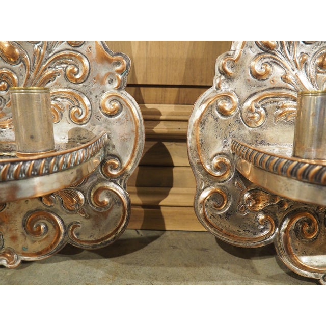 Pair of 19th Century French Silver Plated Copper Repousse 3-Light Wall Sconces For Sale - Image 14 of 18