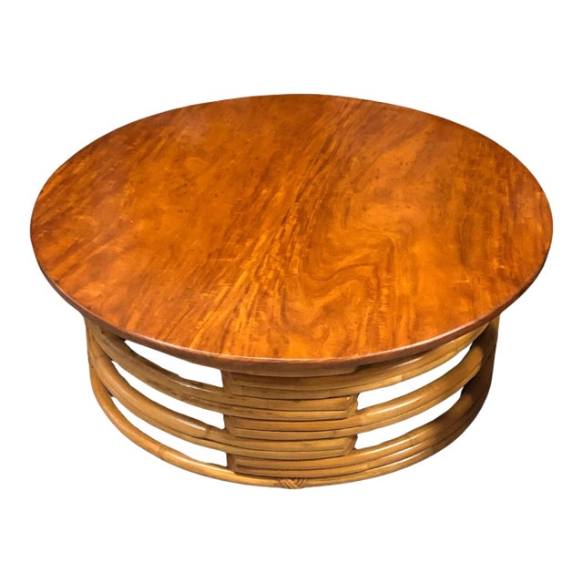 Restored Vintage Round Rattan Coffee Table With Mahogany Top For Sale