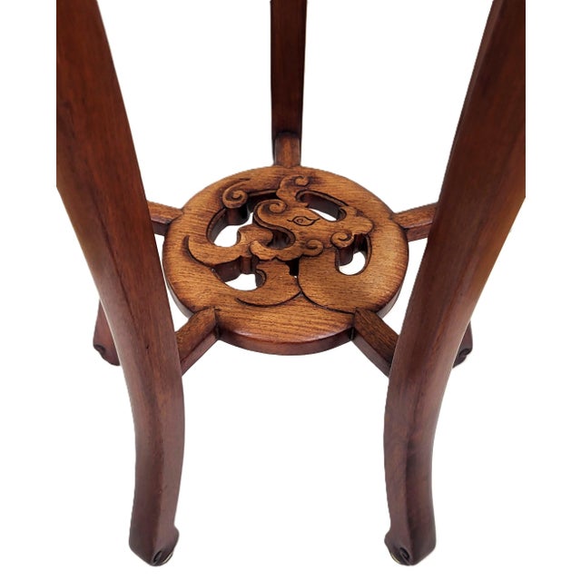 Pair Vintage Chinese Bamboo Carved Hardwood & Marble Top Plant Stand Pedestals For Sale - Image 18 of 18