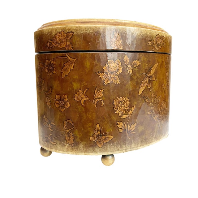 Art Nouveau Vintage Sarreid LTD Handpainted Butterfly Floral Mezza Luna Box – Brass Feet For Sale - Image 3 of 8