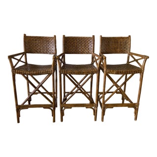Vintage McGuire Style Laced Rawhide Bar Stools ~ Set of 3 For Sale