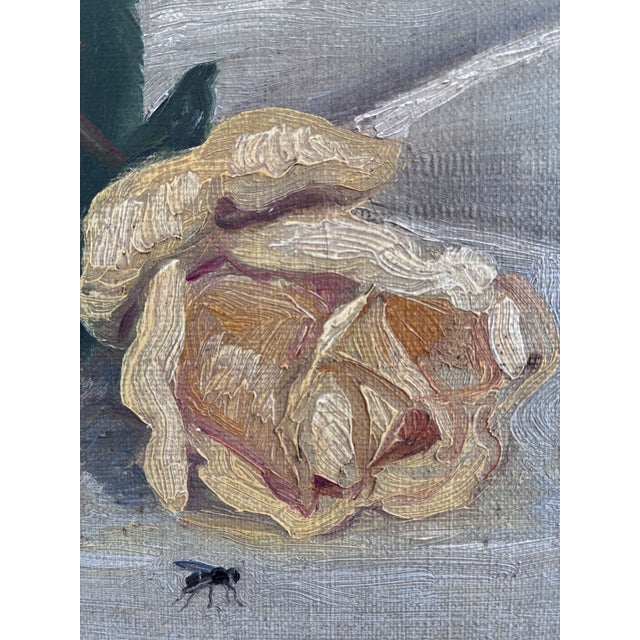 Textile Antique Original Flower Oil Painting, Signed Yellow Roses Still Life Art For Sale - Image 7 of 16
