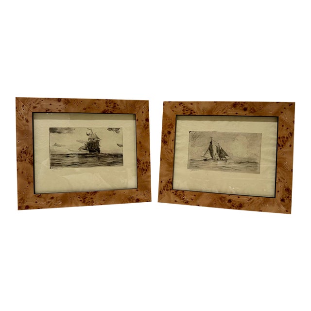 1920s Pair of Signed j.p. Benson Maritime Sailing Ship Etchings in Burl Wood Frames For Sale