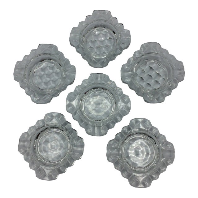 Mid-Century Modern Set of 6 American Clear Fostoria Ashtrays - Cubist Style For Sale