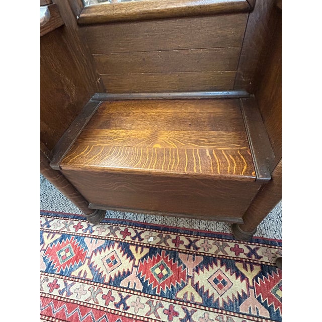 Victorian Antique Tiger Oak Hall Tree With Bevelled Mirror & Duck Coat Hooks For Sale - Image 3 of 18