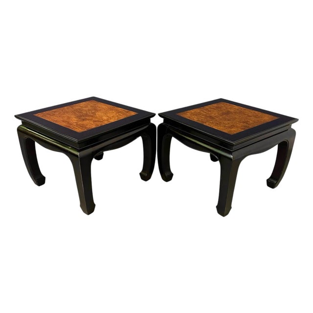 1970s Century Ebonized Pair of Pagoda End Tables With a Burl Top Chin Hua Collection For Sale