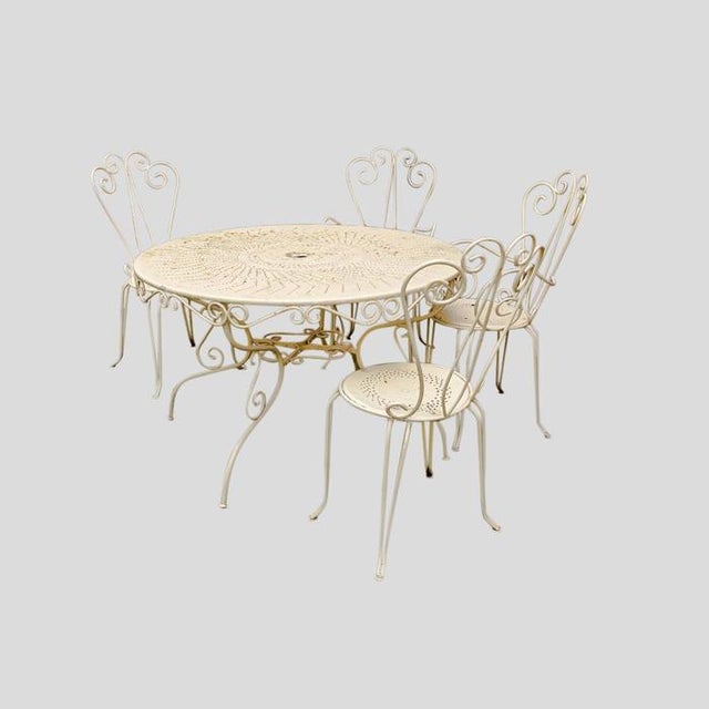 Set of 4 garden chairs and round table, French 1950sCream colour painted chairs and table.seat height: 47 cm x 2 chairs...