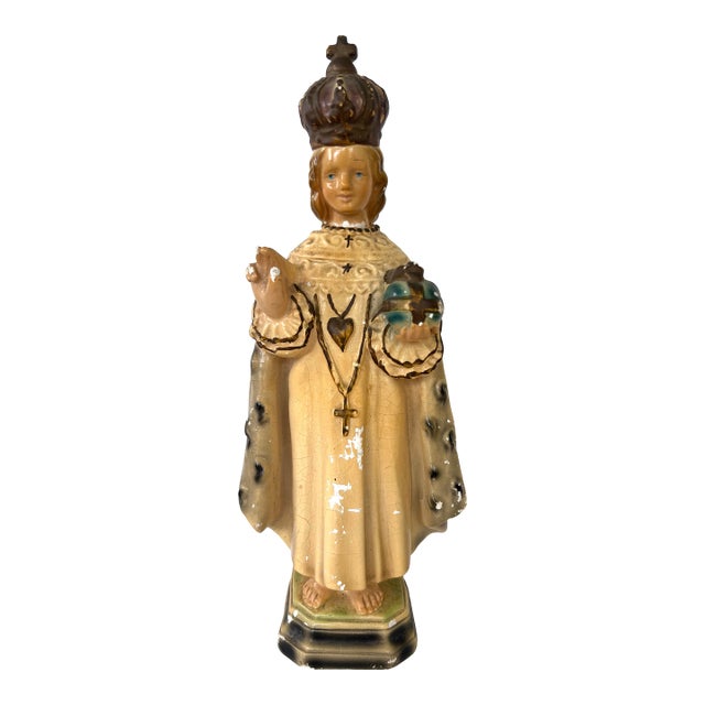 Mid-Century Infant Jesus of Prague Ceramic Sculpture – Religious Folk Art 11” For Sale