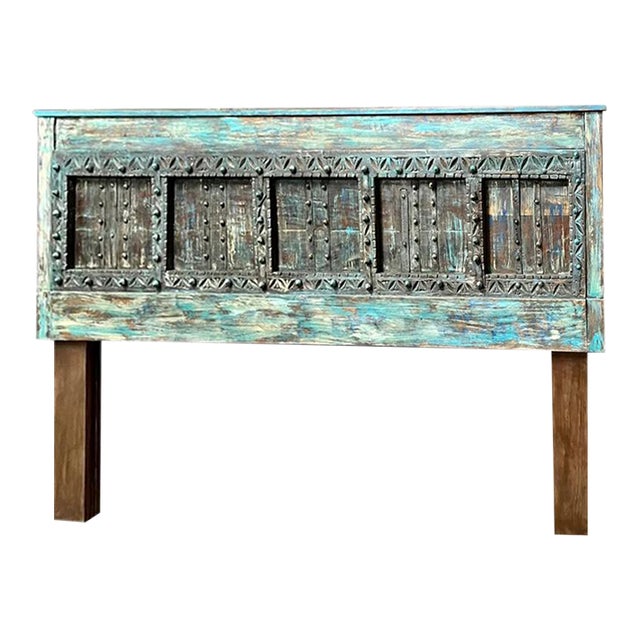 Vintage Indian Door Headboard King Size | Distressed Blue Carved Wood Statement Headboard For Sale