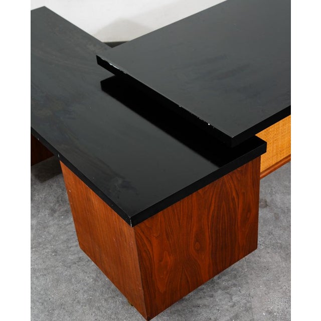 Wood Mid Century Modern Desk Executive L Shaped Cane Walnut Large Black File Drawers For Sale - Image 7 of 12