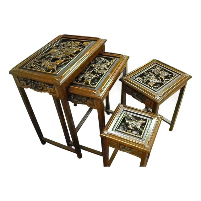 Mid 20th Century Heavily Carved Wood Asian Nesting Tables Set of 4 For Sale