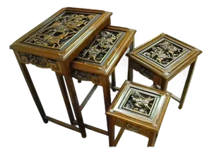 Mid 20th Century Heavily Carved Wood Asian Nesting Tables Set of 4