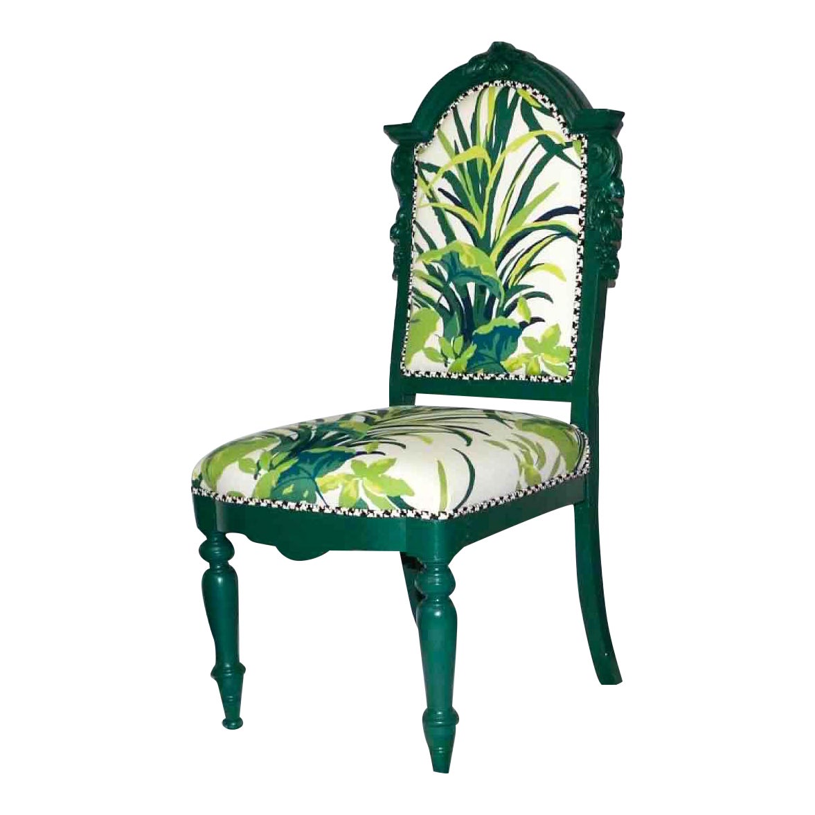 Vintage Green Side Chair With Tropical Foliage Design And Black