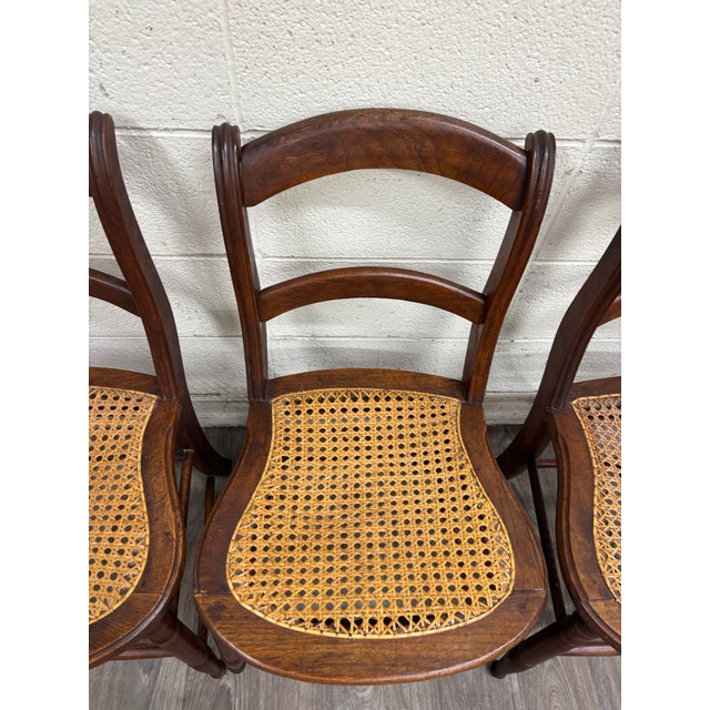 Victorian Vintage Victorian Eastlake Style Ladder Back Cane Seat Dining Chairs - Set of 3 For Sale - Image 3 of 9