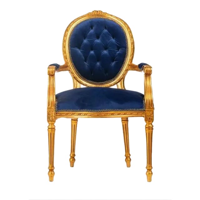 French Tufted Chair Blue Velvet Chair Gold Leaf Chair For Sale