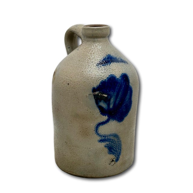 Nice Small 1 Gallon Size Antique American New York Stoneware Jug With Big Deep Blue Flower Decoration - Circa Mid 1800s For Sale - Image 11 of 18