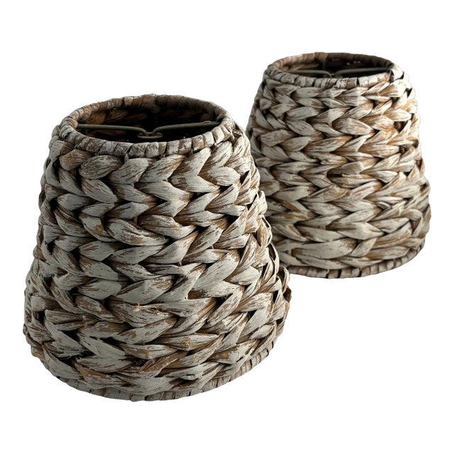 1980s White Washed Seagrass/Raffia Sconce Lampshade - A Pair For Sale