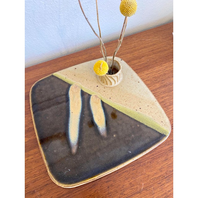 An artist-signed, hand-built, glazed pottery Ikebana piece; this distinctive, handcrafted ceramic container designed for...