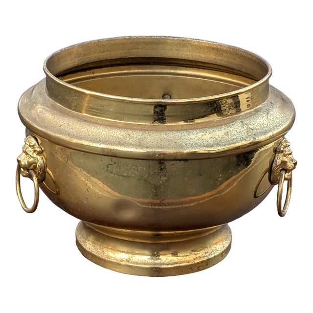 Vintage Heavy Solid Brass Small Round Pedestal Planter With Lion Heads For Sale