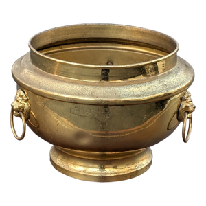 Vintage Heavy Solid Brass Small Round Pedestal Planter With Lion Heads
