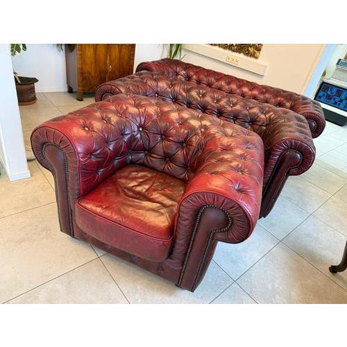 Red Chesterfield Leather Sofa and Chairs, Set of 3 For Sale - Image 8 of 18