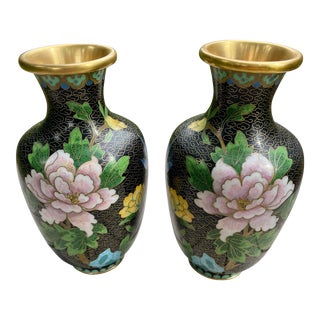 Vintage Chinese Cloisonné Peony and Bird Vases, a Pair For Sale