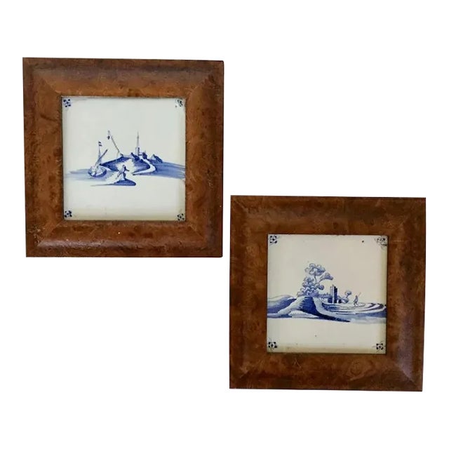 18th Century Dutch Delft Blue & White Tin Glaze Faience Tiles in Burl Walnut Frames - A Pair For Sale