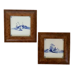 18th Century Dutch Delft Blue & White Tin Glaze Faience Tiles in Burl Walnut Frames - A Pair