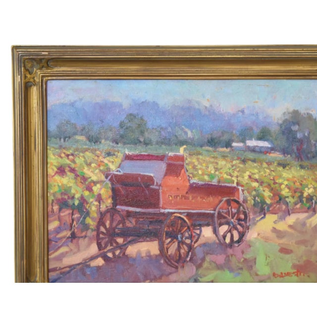 California farmhouse & colorful field landscape oil painting on artist canvas panel by listed artist Silvio Silvestri...