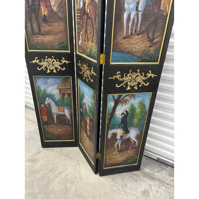 Black Vintage Equestrian Themed Painted Room Divider For Sale - Image 8 of 9