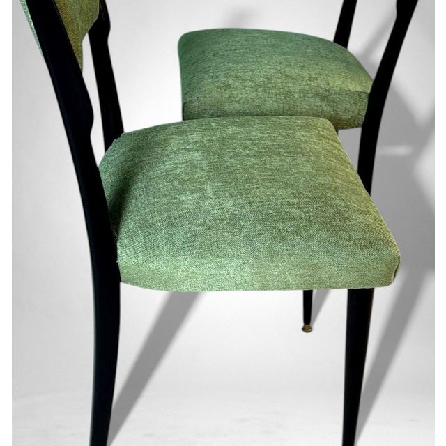 Wood Ico Parisi Style – Set of 6 Ebonized Wood Chairs With Green Upholstery For Sale - Image 7 of 18