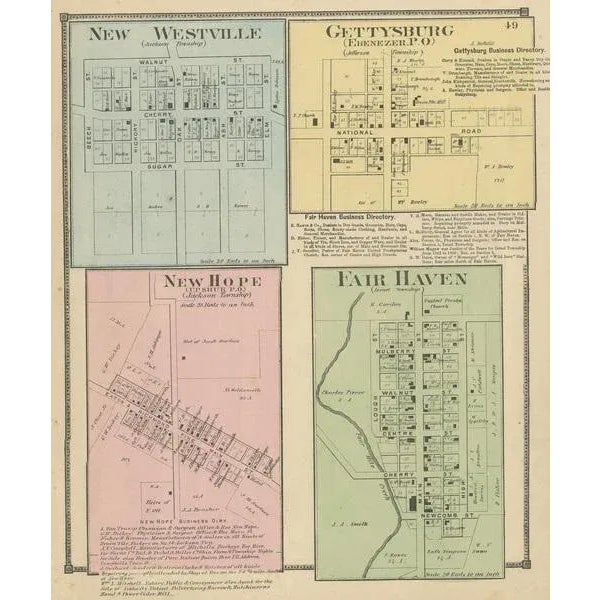 Antique map titled 'New Westville, Gettysburg, New Hope, Fair Haven'. Original antique map of villages and communities of...