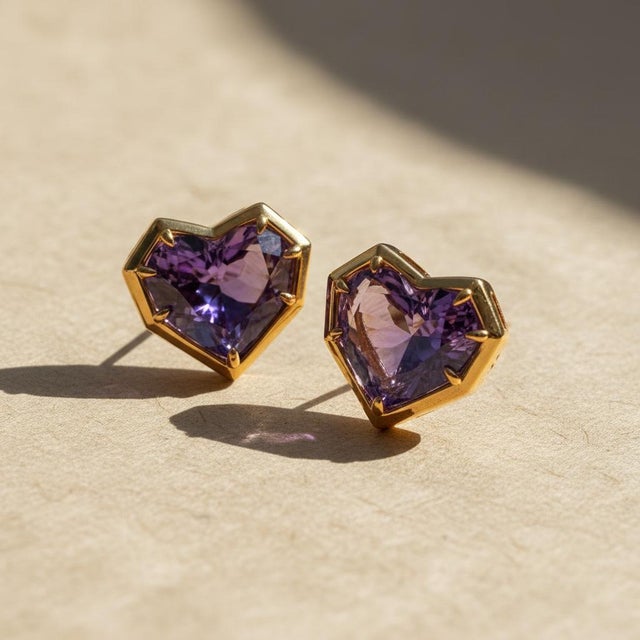 Not Yet Made - Made To Order Geometric Heart Amethyst Stud Earrings, Silver, Gold, Pair For Sale - Image 5 of 9