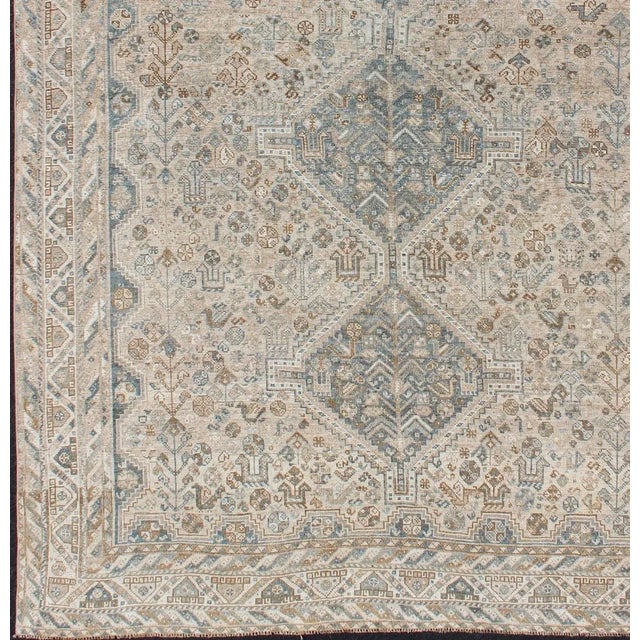 Tribal Blue and Taupe Antique Persian Shiraz Rug With Tribal Geometric Medallions For Sale - Image 3 of 13