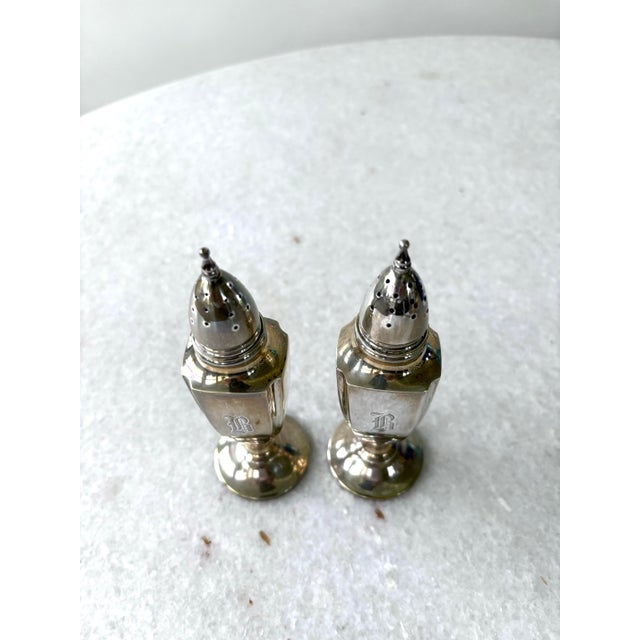 Antique Sterling Silver Salt and Pepper Shakers Featuring a Monogrammed For Sale - Image 4 of 5