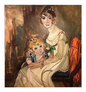 1970s Wyona Diskin Signed Modern Painting of Baroque Woman and Child