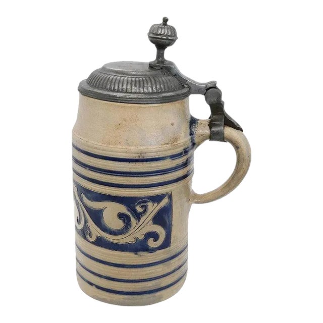 German Westerwald Pewter Mounted Stoneware Pottery Tankard For Sale