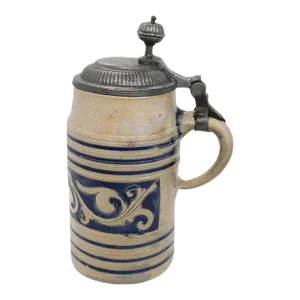 German Westerwald Pewter Mounted Stoneware Pottery Tankard