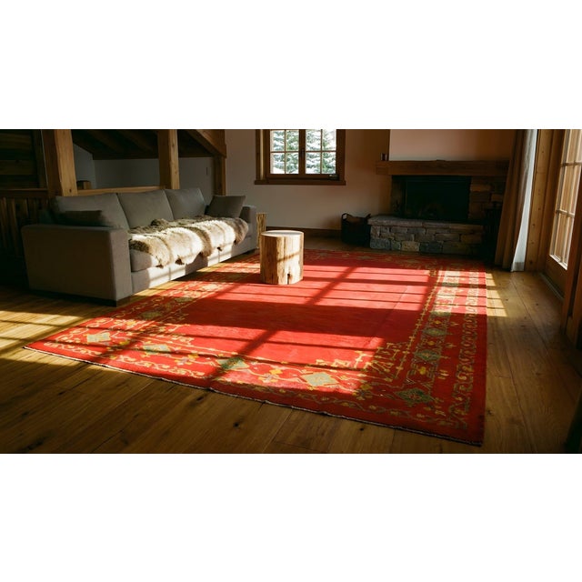 Jaw-Dropping Red Open Field Allover-Geometric Design Antique Turkish Decorative Oushak Rug For Sale - Image 14 of 15